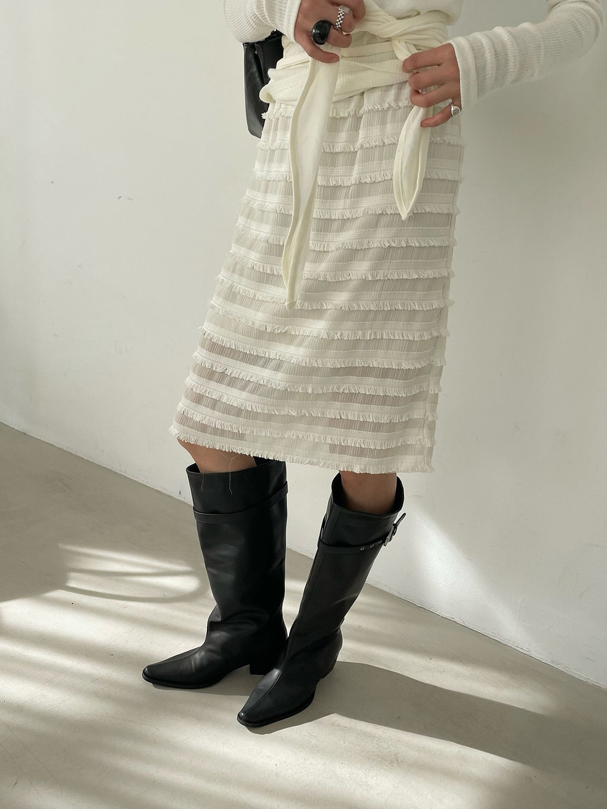 Tiered Fringe Midi Skirt Ivory full body front styled with boots 4