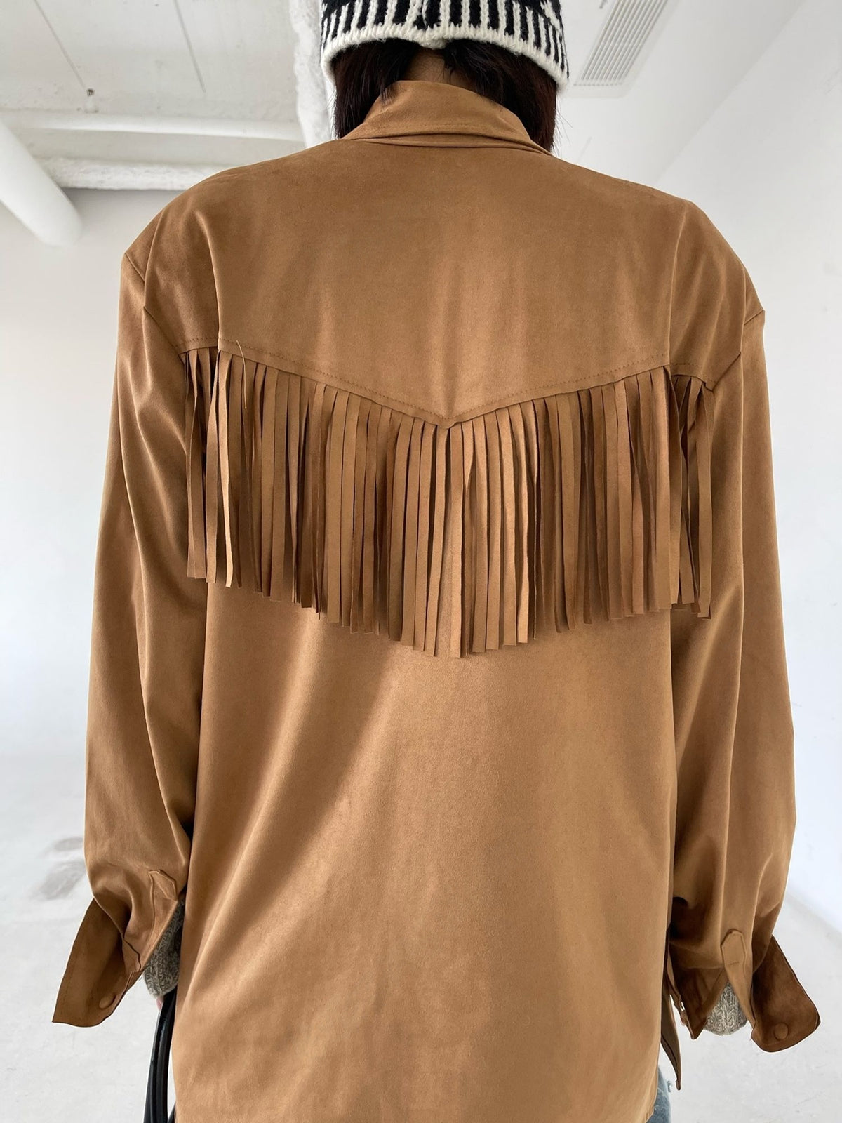 Suede Fringe Jacket Beige side view