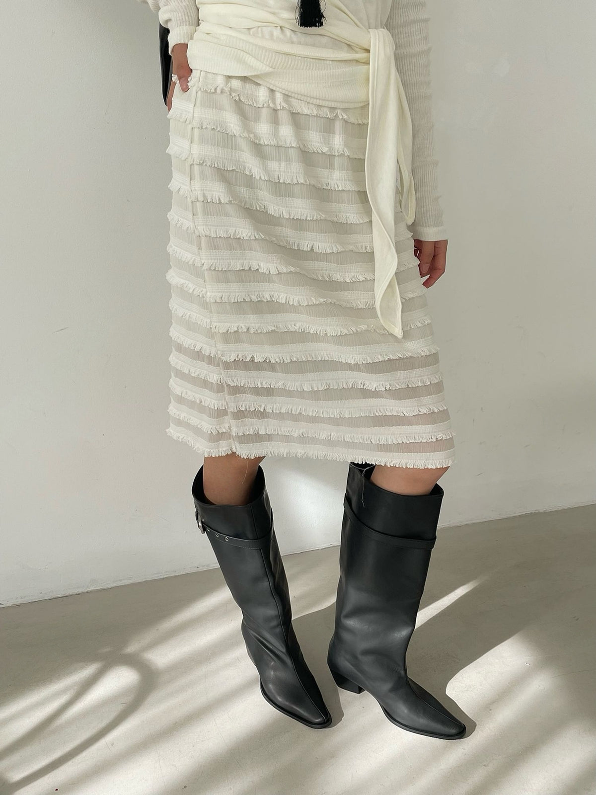 Tiered Fringe Midi Skirt Ivory side view fringe detail