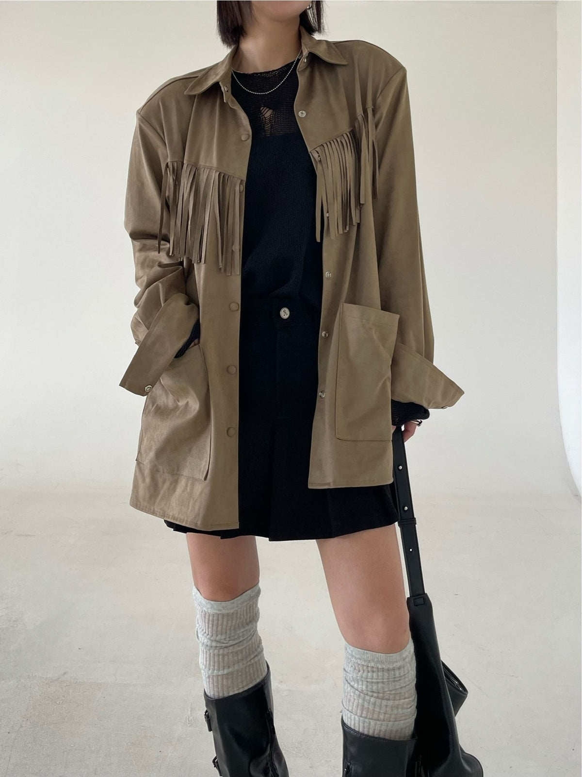 Suede Fringe Jacket Beige full body back