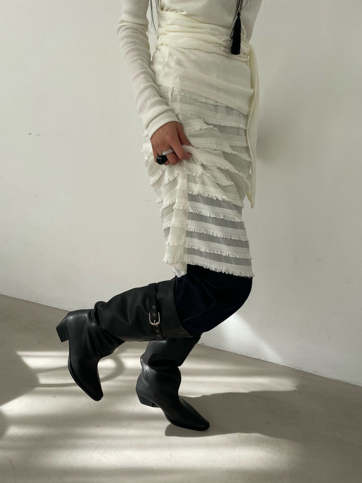 Tiered Fringe Midi Skirt Ivory full body front styled with boots 5