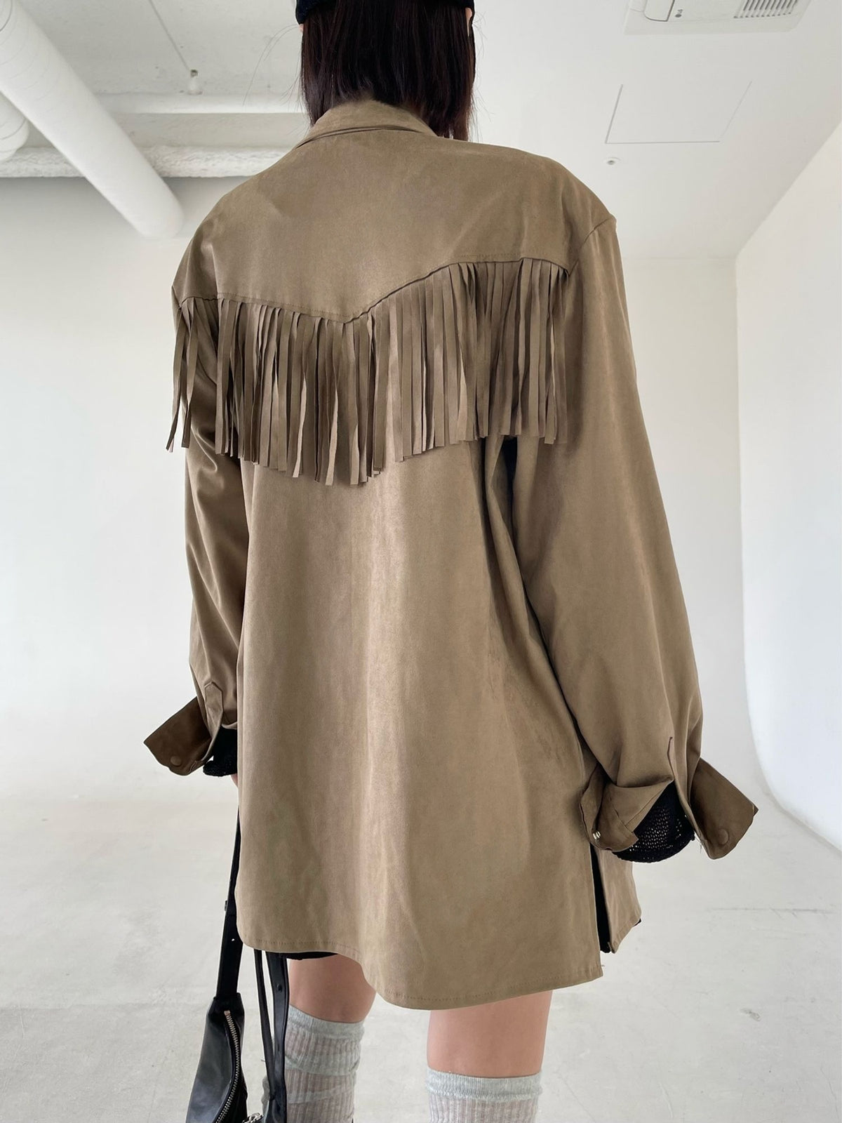 Suede Fringe Jacket Beige back wide