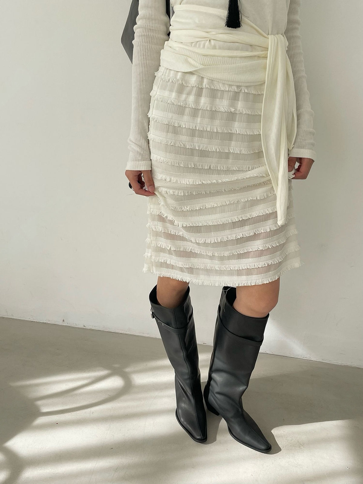 Tiered Fringe Midi Skirt Ivory full body front styled with boots